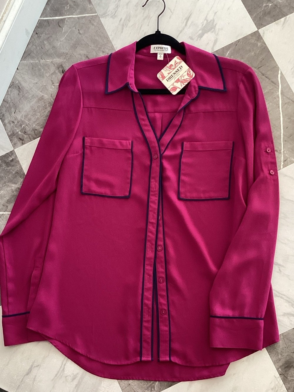 Express Magenta Button-Down Blouse with Navy Piping